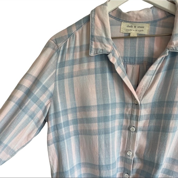 Cloth & Stone Plaid Tie Up Flannel Shirt, Pink & Blue, Size S - Picture 2 of 7